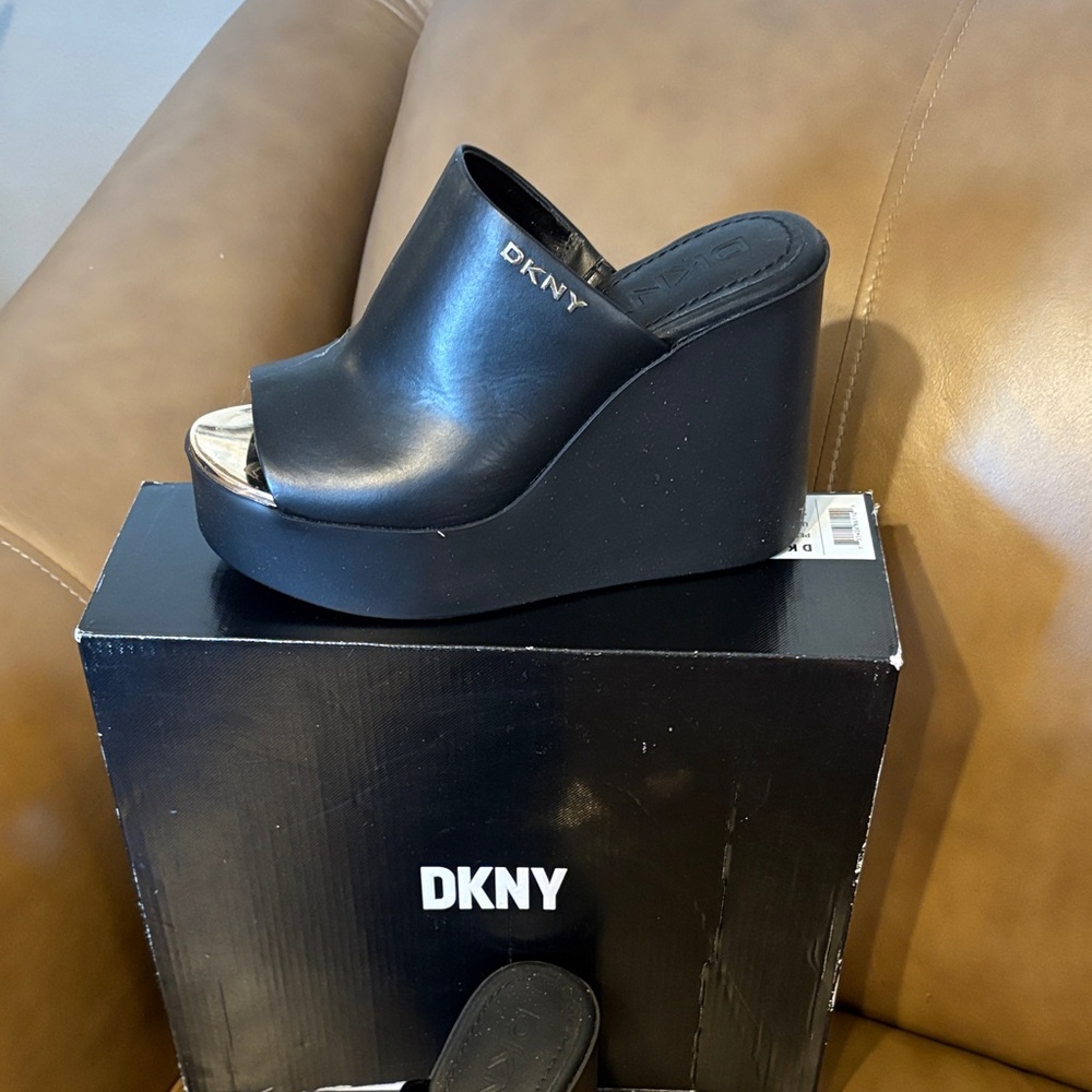 DKNY Black and Silver Wedge Sandals